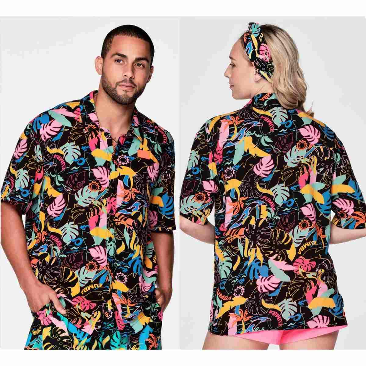Zumba Palm Party Short Sleeve Button Up