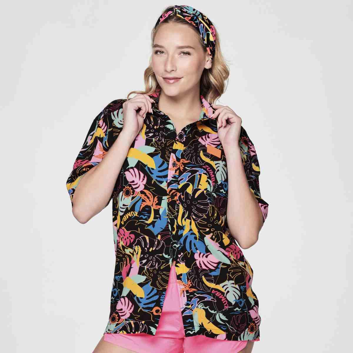 Zumba Palm Party Short Sleeve Button Up