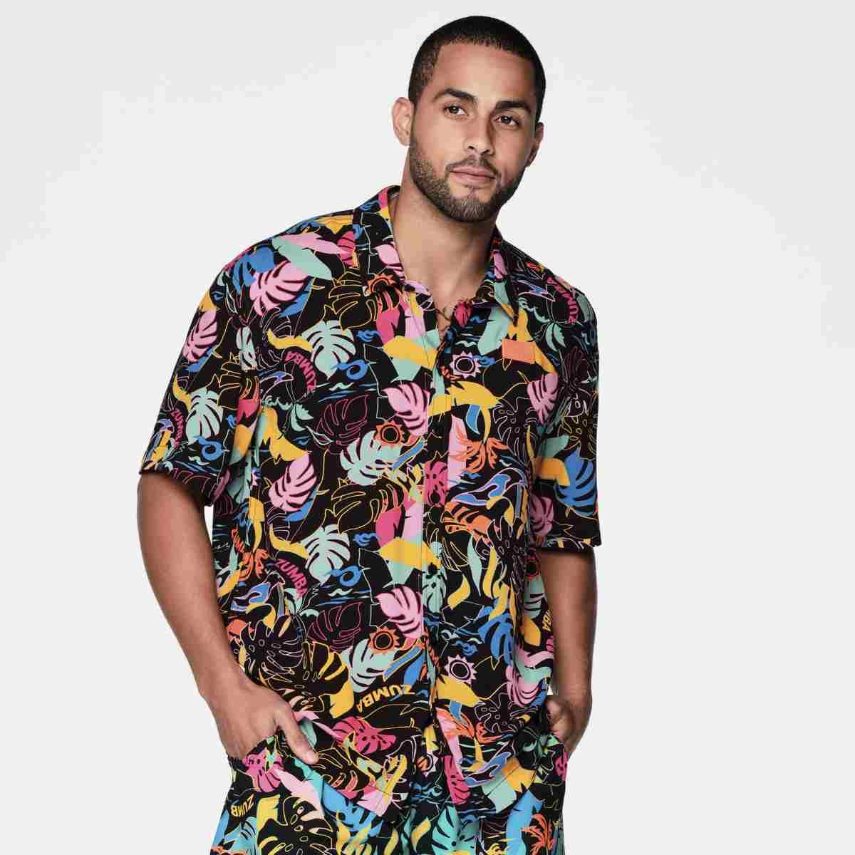 Zumba Palm Party Short Sleeve Button Up