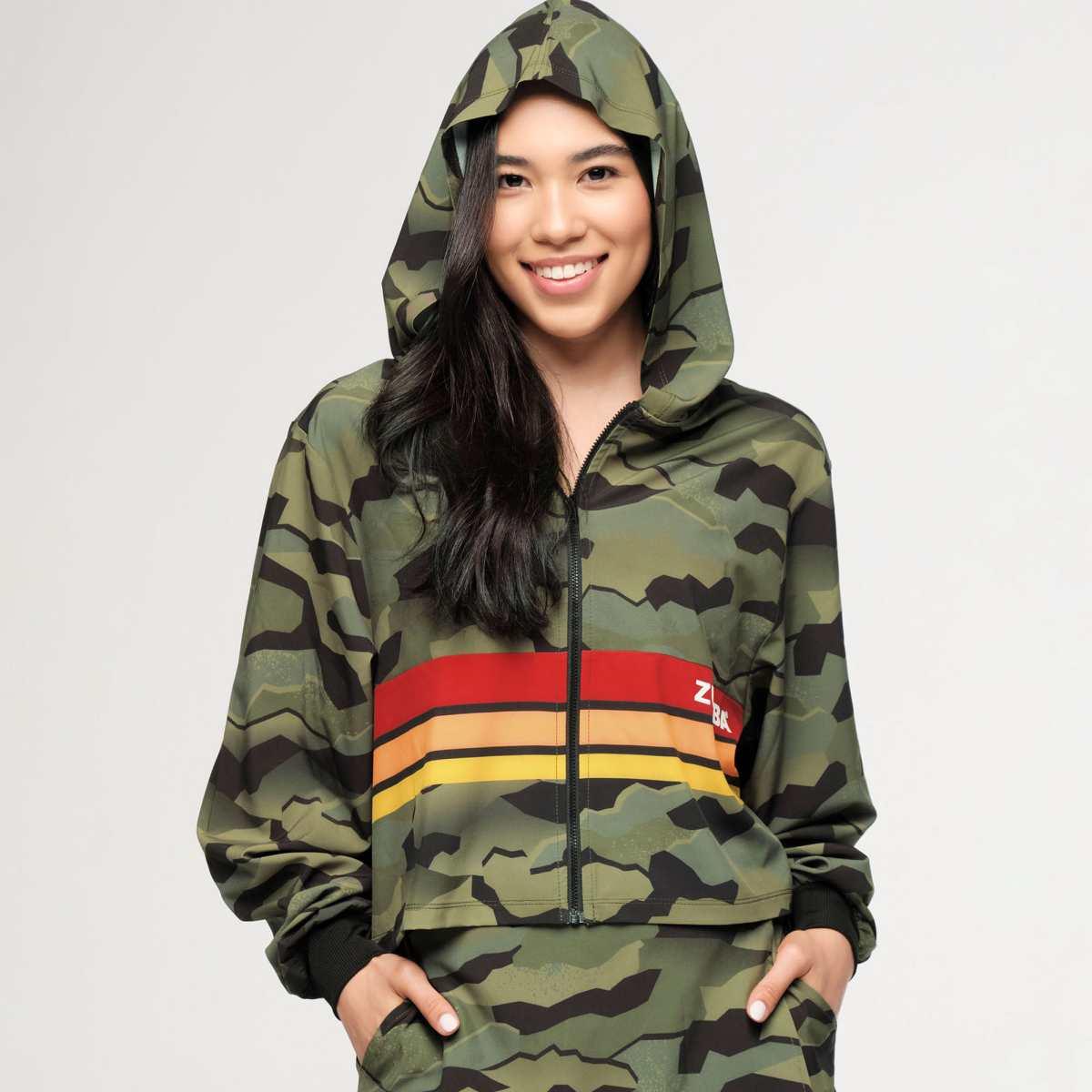 Zumba Explore Crop Woven Zip-Up Hoodie - Olive Expedition