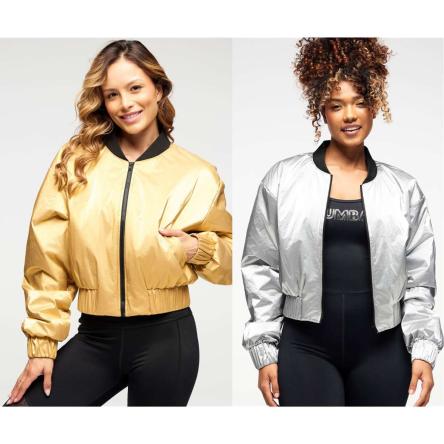 Zumba Runway Crop Zip Up Puff Bomber Jacket - Gold